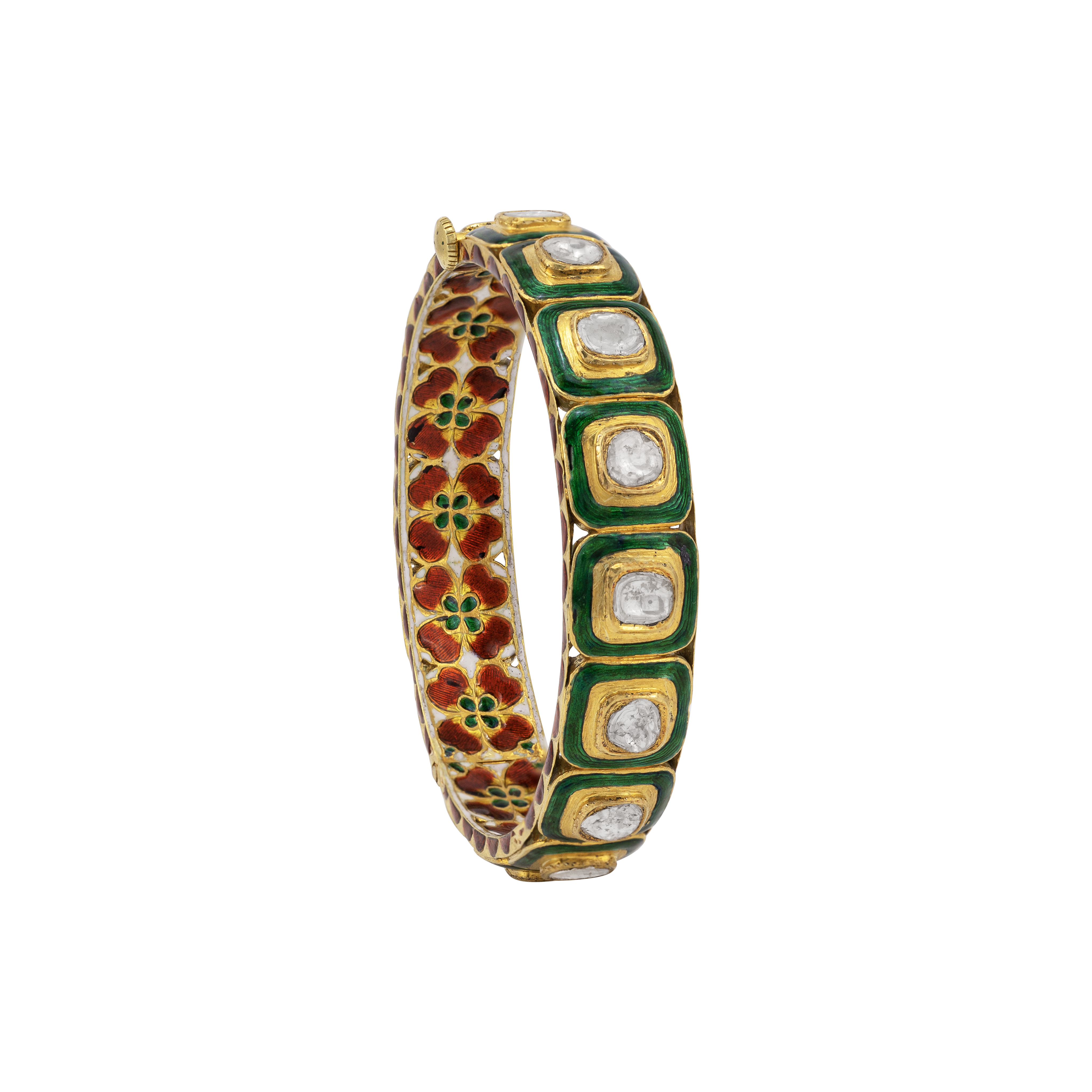Green Enamel Polki Bangle with Floral Detailing Innerside